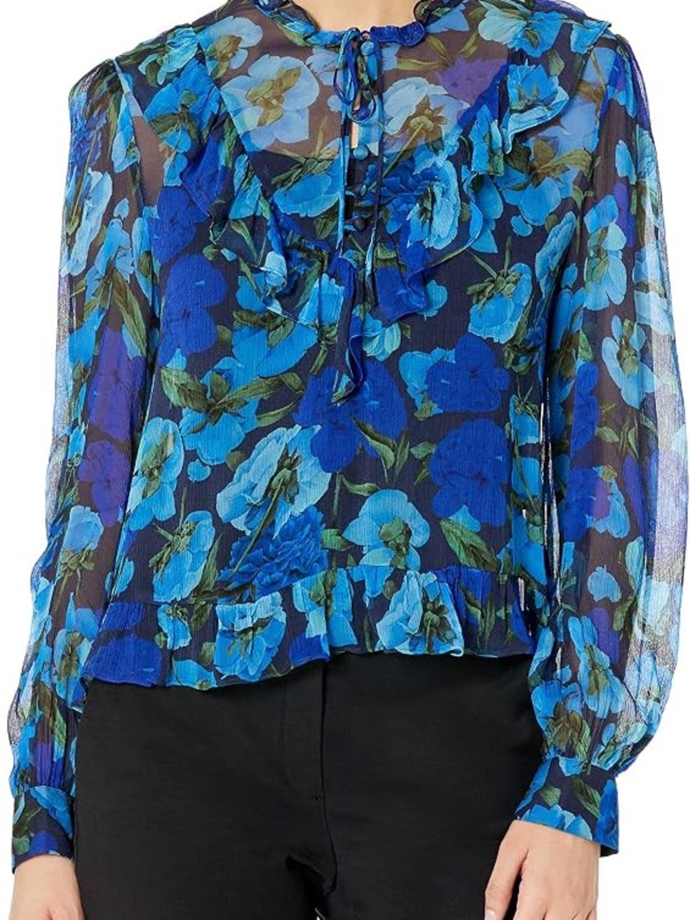 The Kooples Blue Floral Sheer Ruffle Tie Blouse